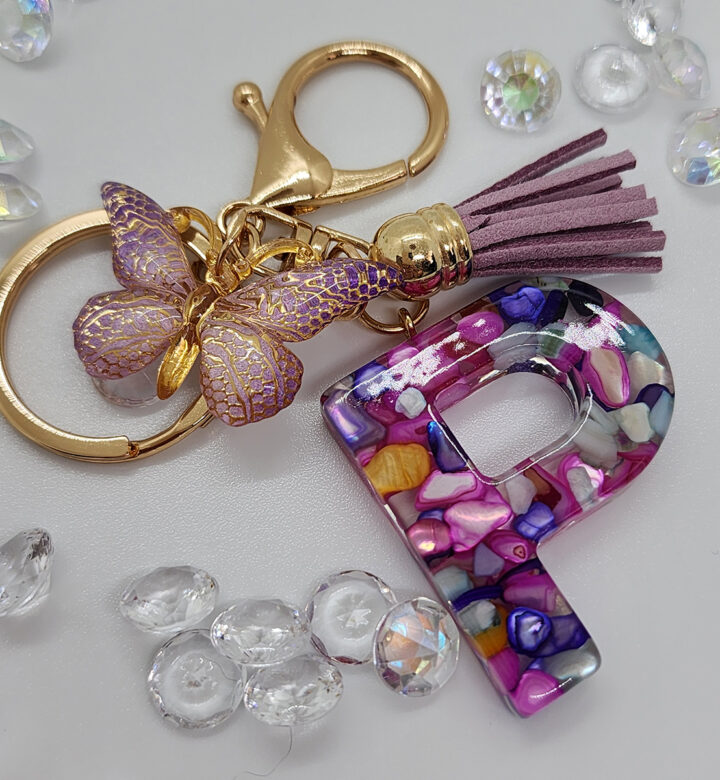 Resin Initial Keychain with Tassel and Butterfly Pink
